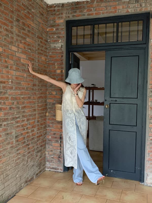 ロングワンピース 透かし編みニット ロング丈ノースリーブワンピース