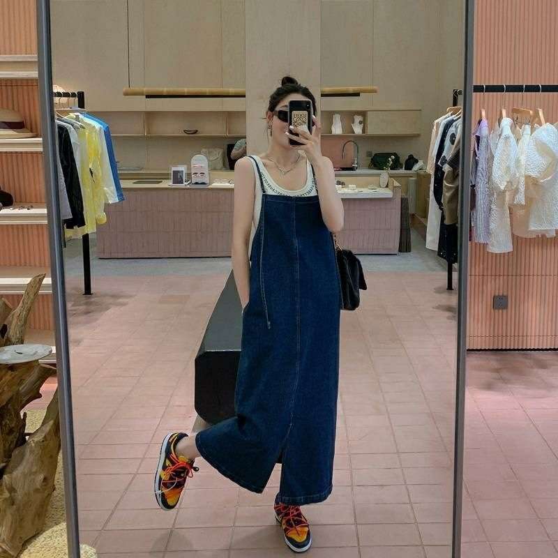 ロングワンピース ゆったりサロペットワンピース
