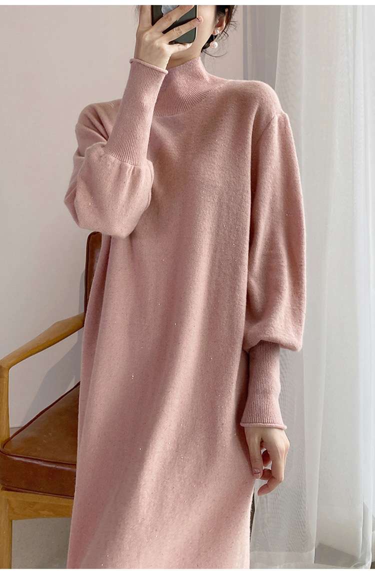 ロングワンピース シンプル モックネック ニットワンピース