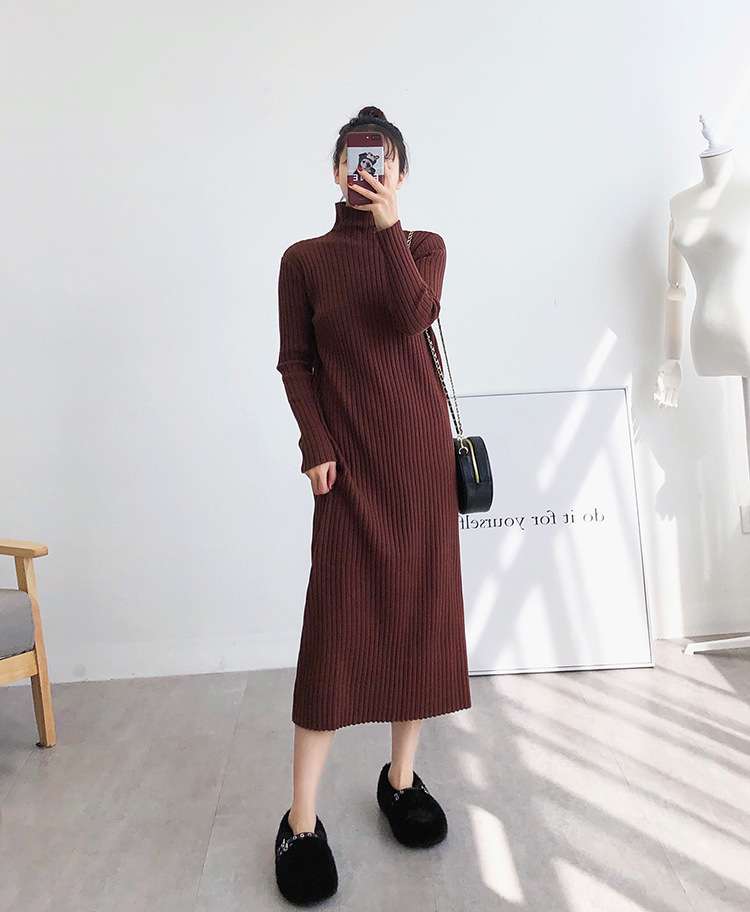 ロングワンピース リブ編みタートルネックミディアム丈ワンピース