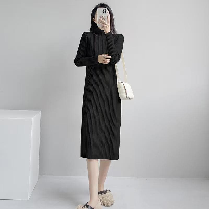 ロングワンピース リブ編みすっきりワンピース