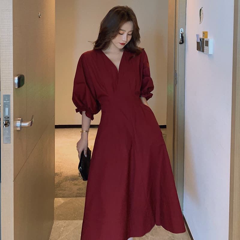 ロングワンピース 人気ボリューム袖ブイネックシャツワンピース レディース新作