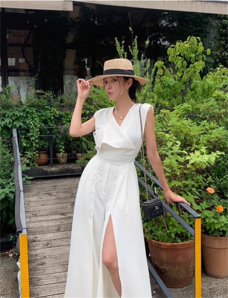 ロングワンピース 夏用ブイネックノースリーブウエスト絞りスリット入りワンピース