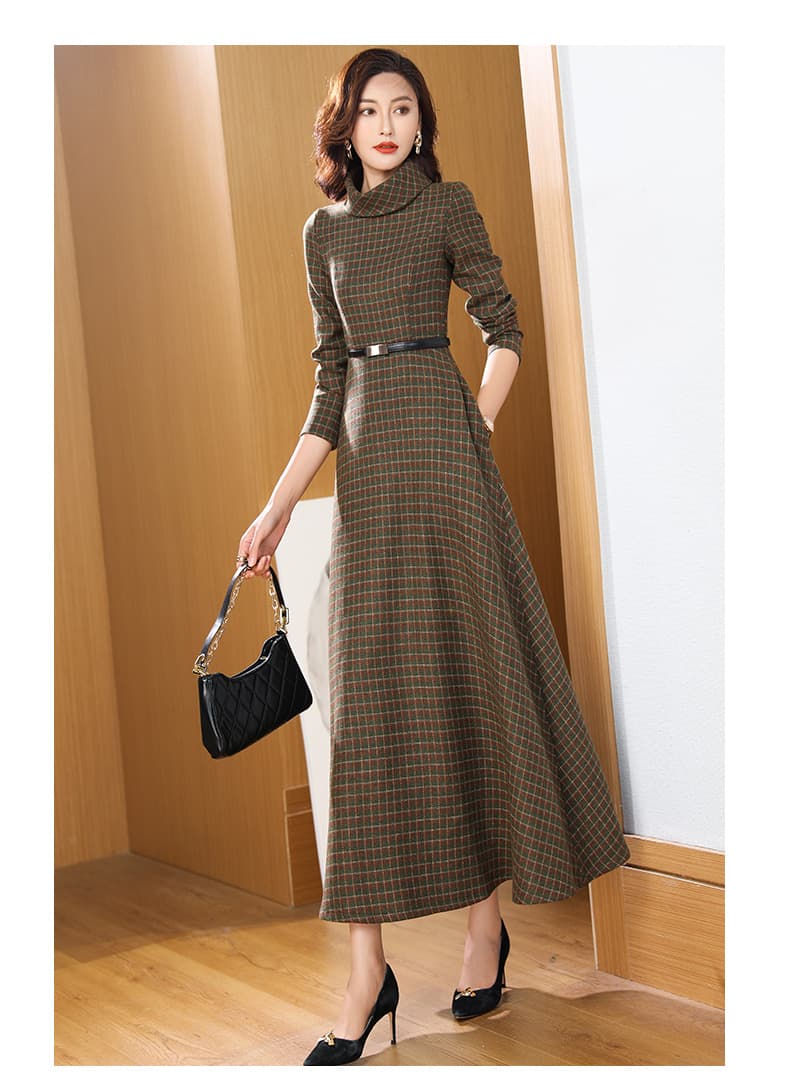 ロングワンピース タートルネック 上品チェック柄タートルネックマキシワンピース