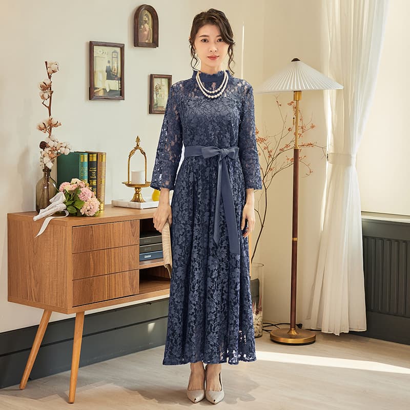 ロングワンピース シンプルリュクス総レース ワンピース