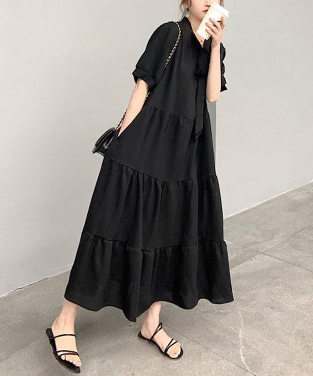 レース付きリボンタイ ティアードロングワンピース ミモレ丈