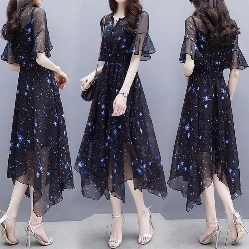ロングワンピース 星座柄シフォンレース袖フレア裾ロングワンピース