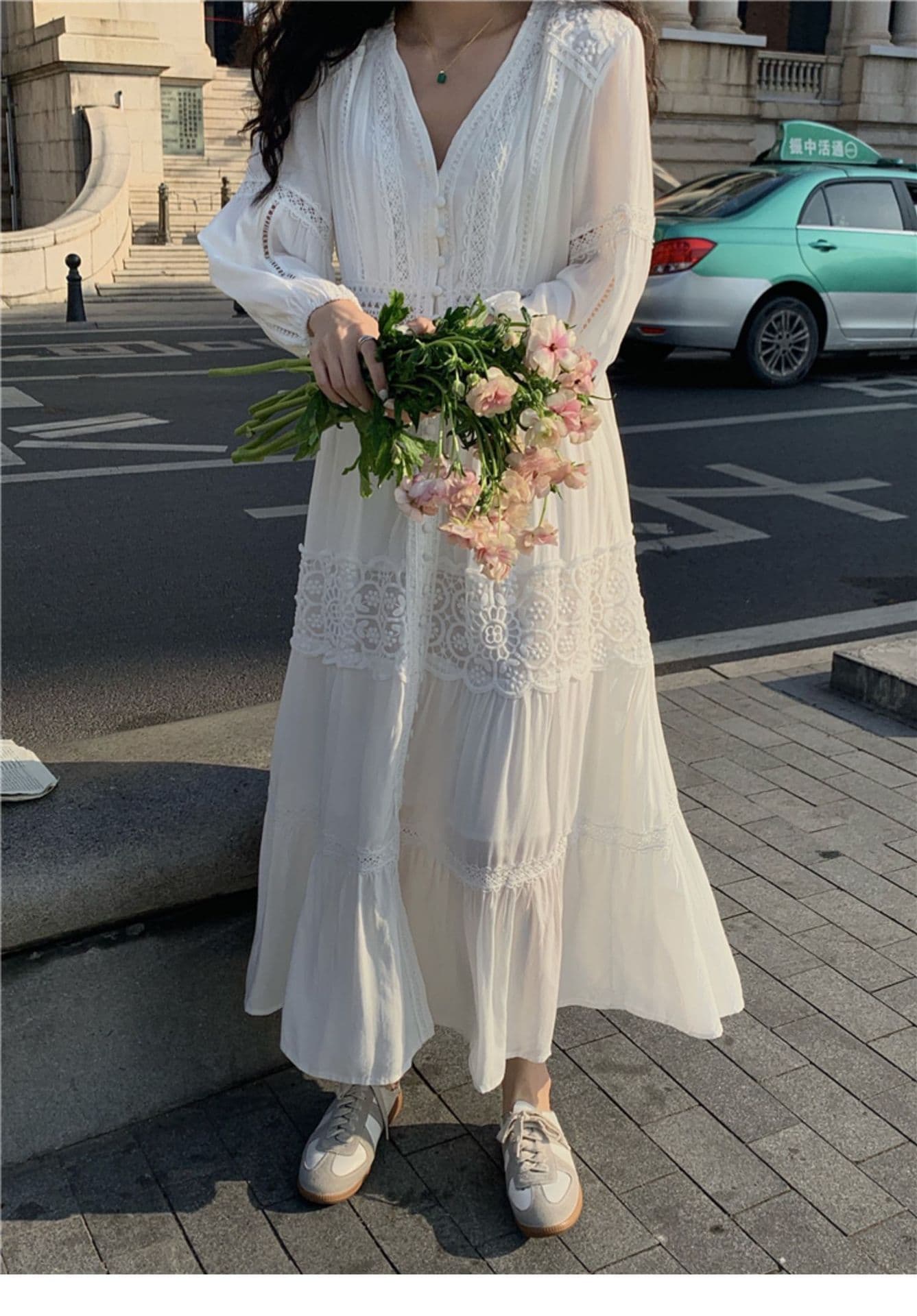 ロングワンピース 優美なレース切替フェミニンマキシワンピース