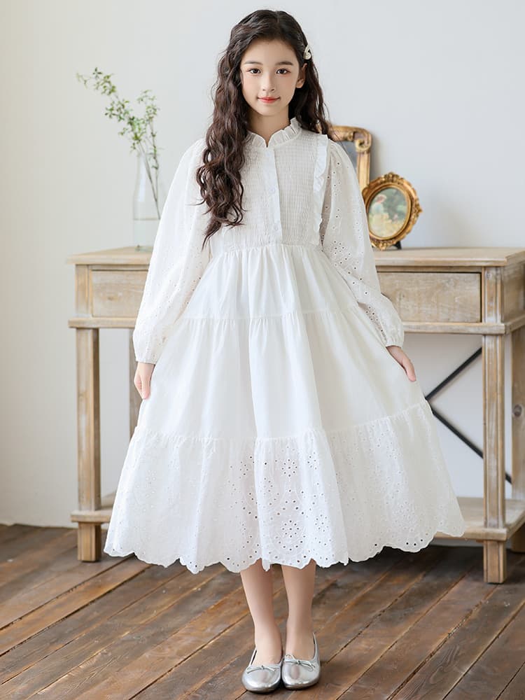 ロングワンピース ふんわり姫袖レース切替ティアードワンピース