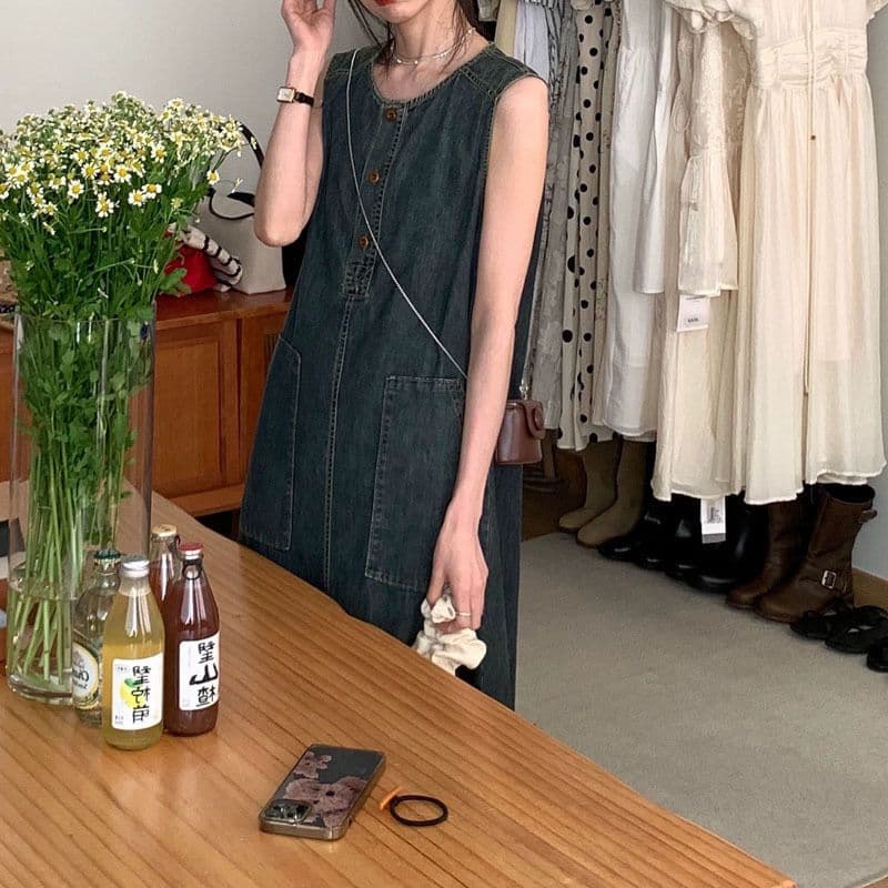 ロングワンピース ゆったりデニムジャンパースカート