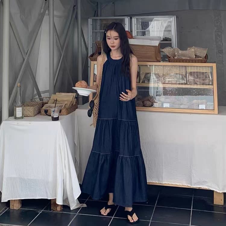 ロングワンピース 重ね着風ティアードロングワンピース