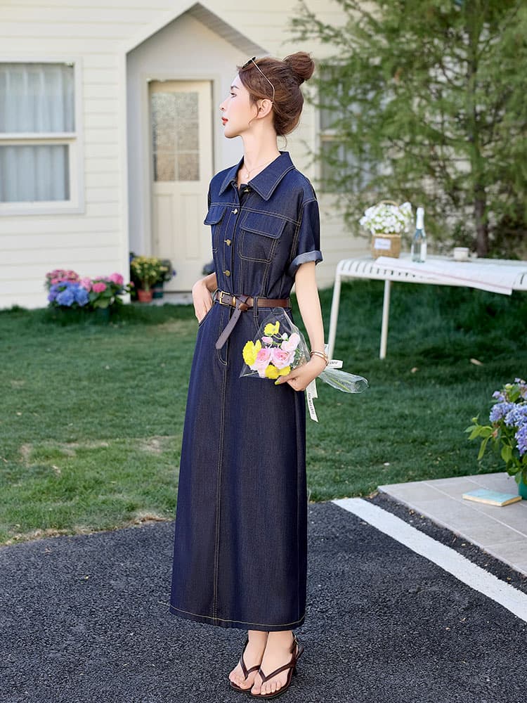 ロングワンピース デニム シャツ襟デニムロングワンピース