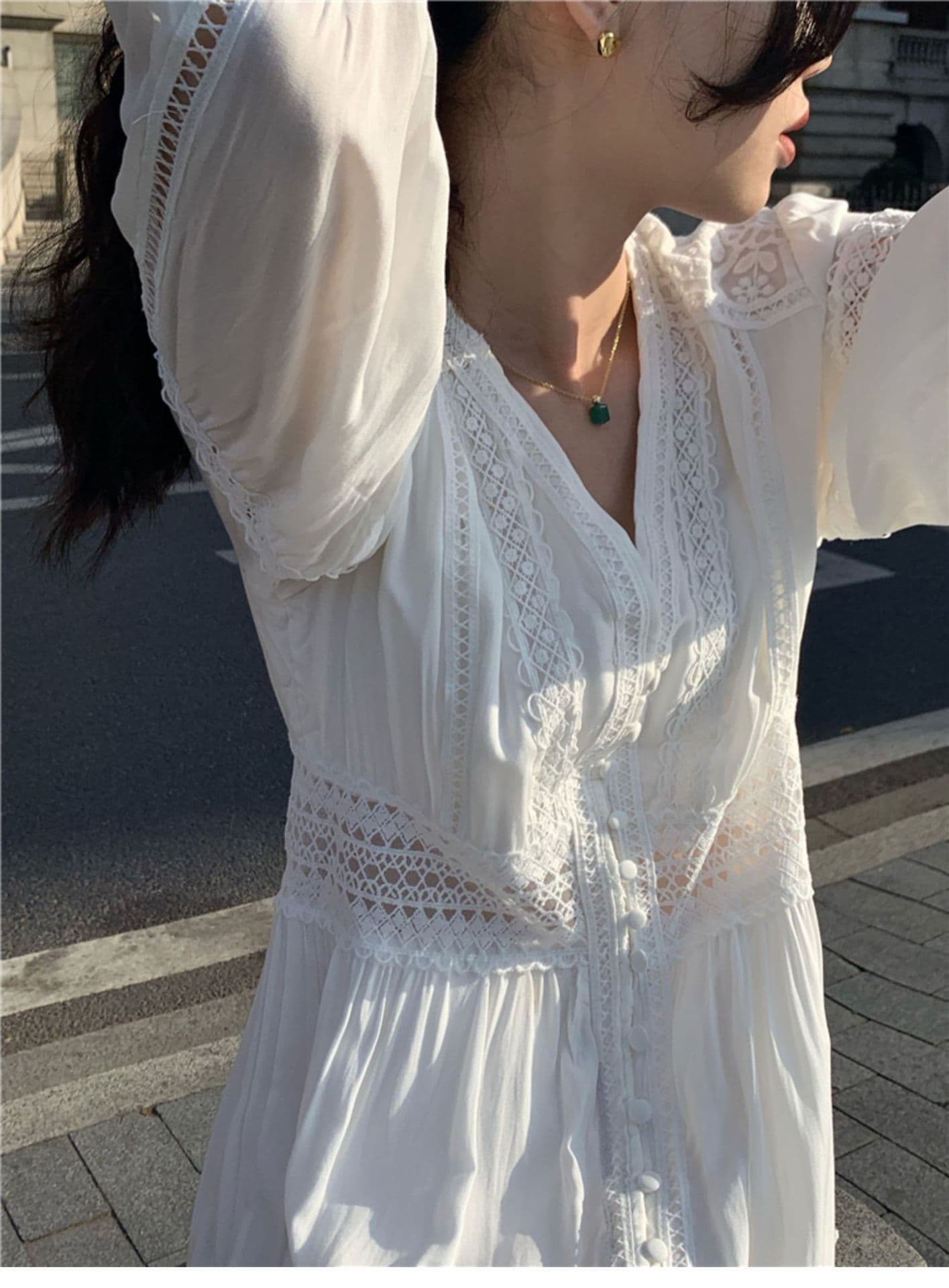 ロングワンピース 優美なレース切替フェミニンマキシワンピース