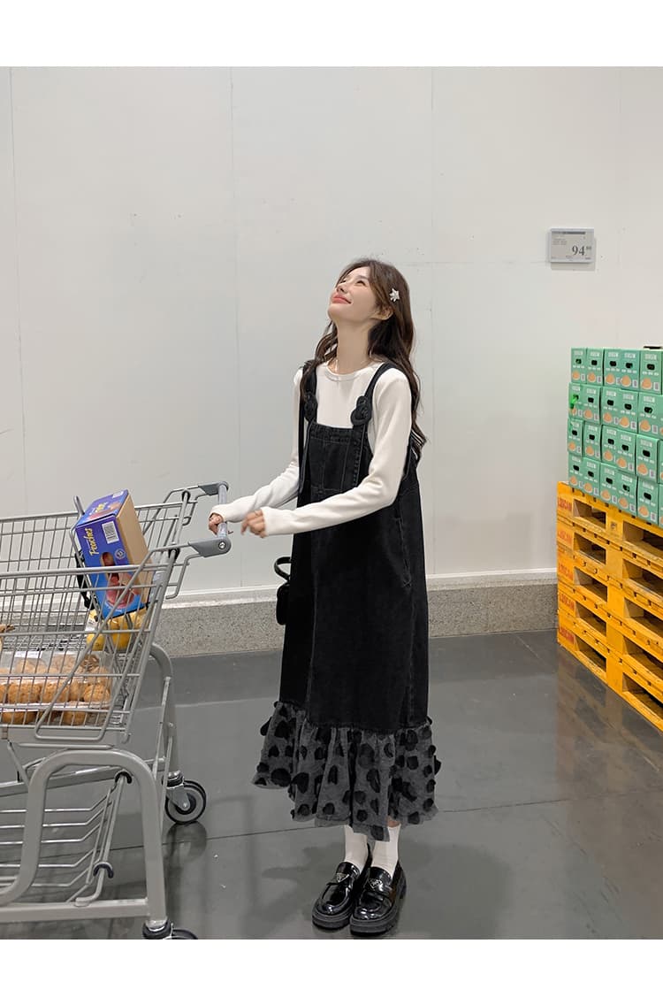 ロングワンピース ハートフリルデニムサロペットワンピース