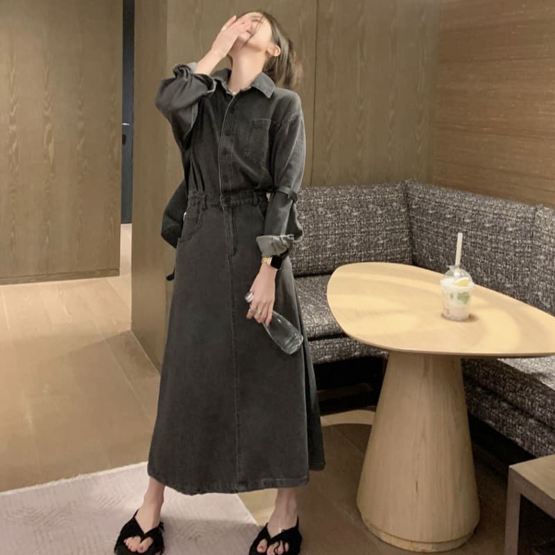 ロングワンピース ポロシャツ ウエストマーク付きデニム調シャツワンピース