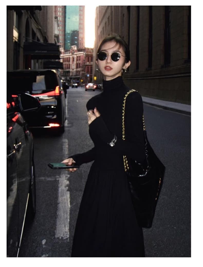 ロングワンピース ハイネックニットロング切替プリンセスワンピース