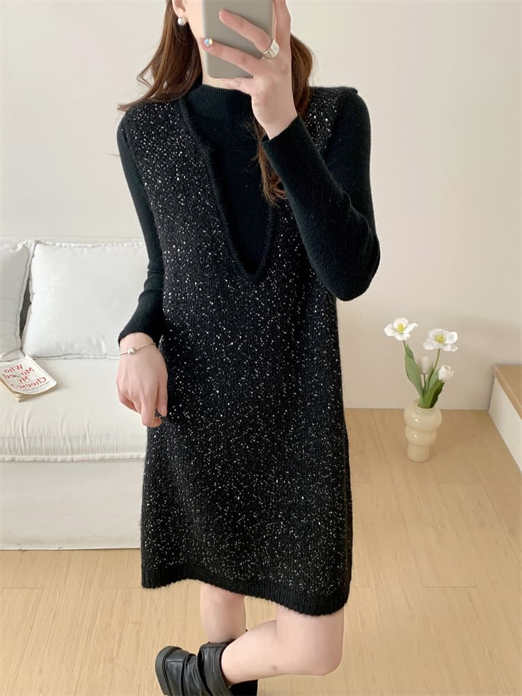 ロングワンピース ニット きらめき模様のやわらかモックネックワンピース