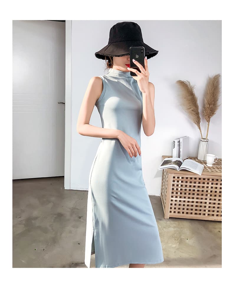 ロングワンピース タートルネック すらっと美シルエット ノースリーブタートルネックワンピース