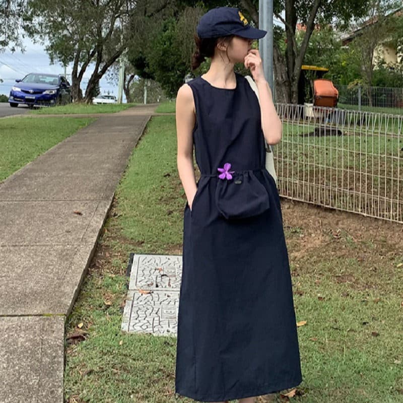 ロングワンピース 春夏新作 袖なしシャツワンピース ロング丈 カジュアル可愛い