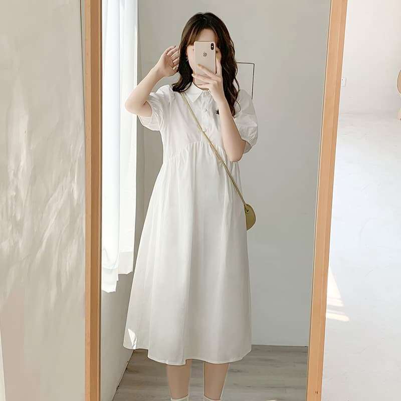 ロングワンピース シャツ パフスリーブ襟付きウエストギャザーシャツワンピース