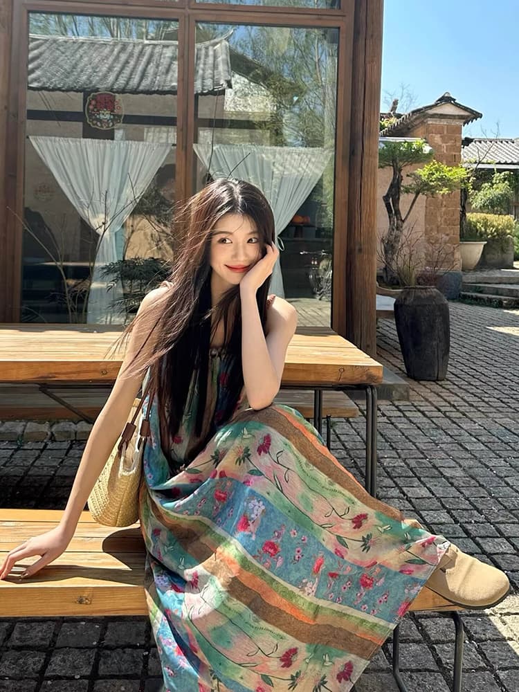 花柄透け感シフォンキャミロングワンピース