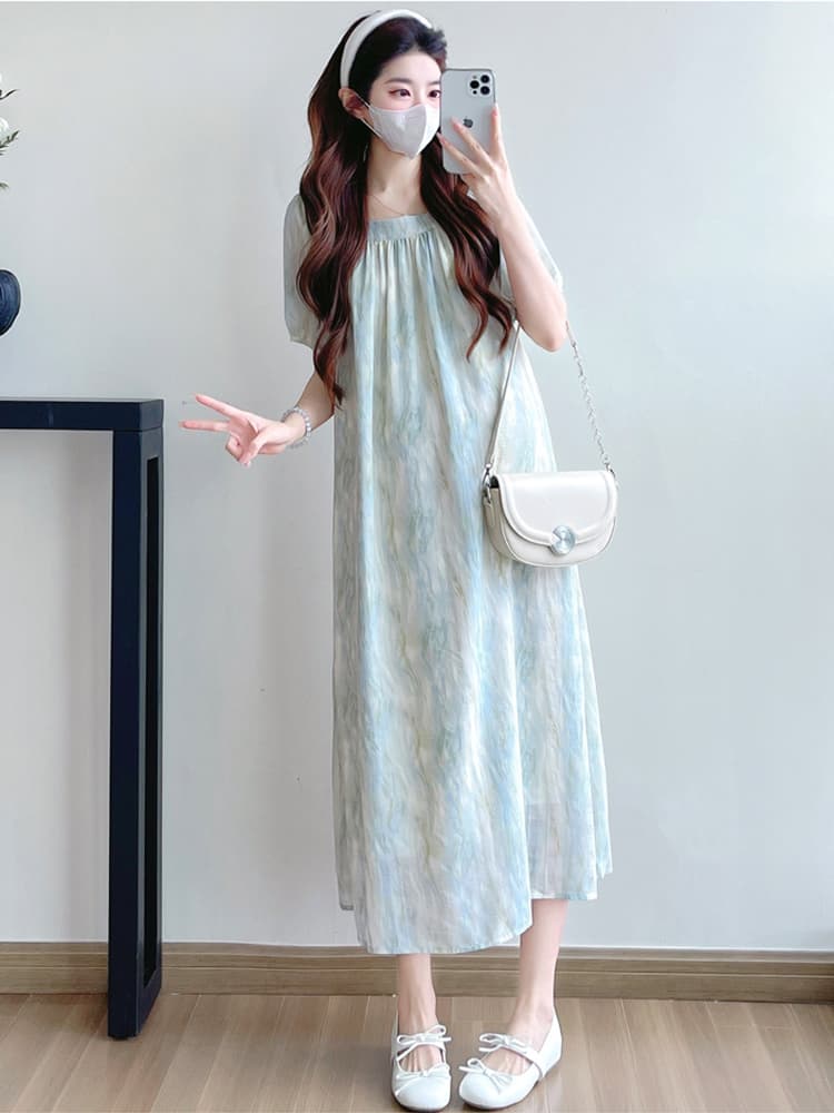 ロングワンピース レース 水彩模様のふんわりレースワンピース