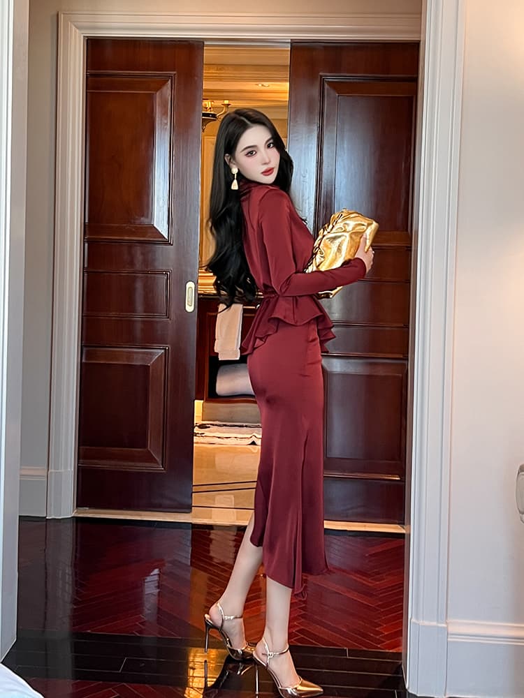 ロングワンピース タートルネック 優美なペプラムデザイン タートルネックワンピース