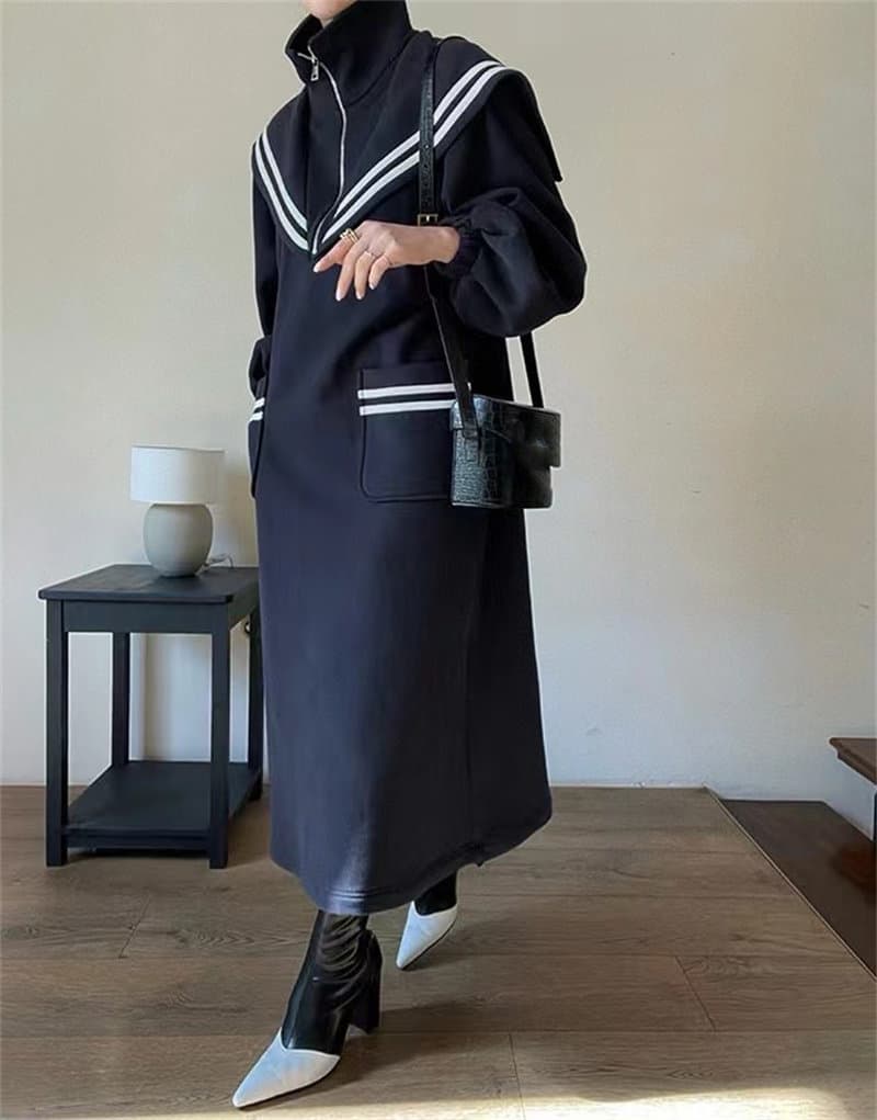 韓国風セーラー襟スウェットロングワンピース