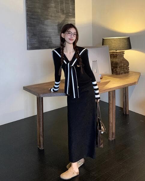 秋冬新作 セーラー風ニット ロングワンピース