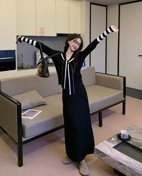 秋冬新作 セーラー風ニット ロングワンピース