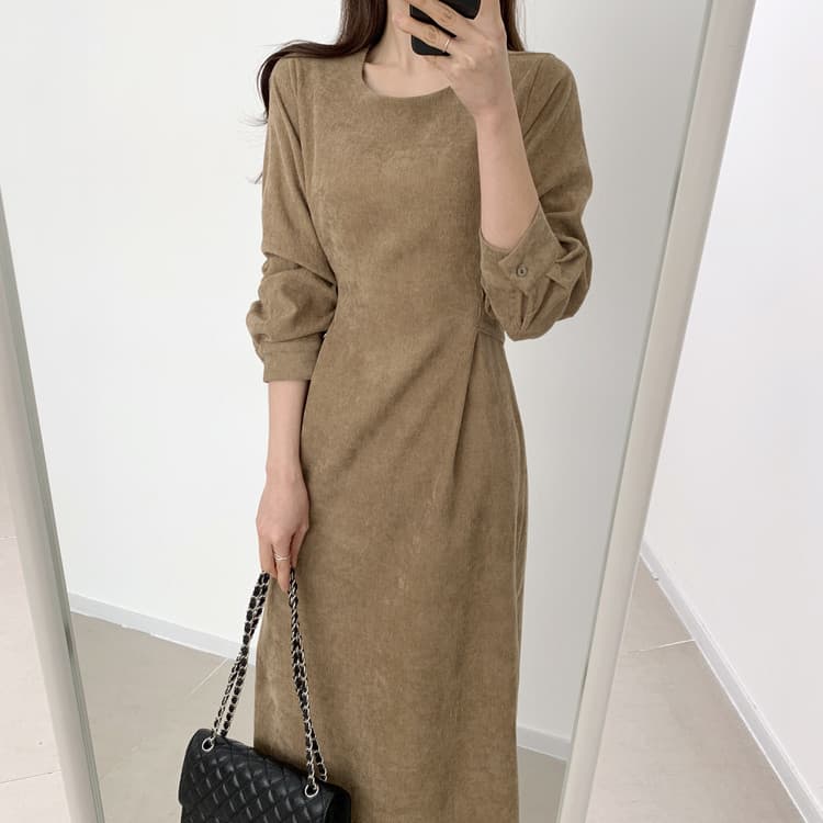 ロングワンピース シンプル コーデュロイ マキシ ワンピース ウエストマーク