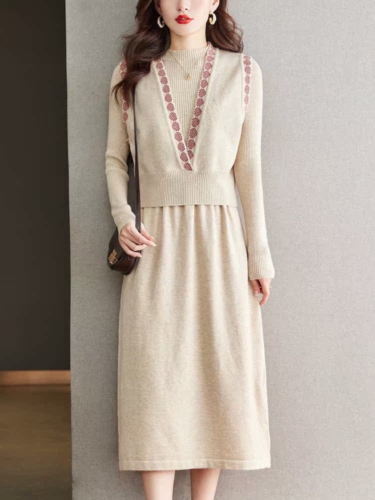 ロングワンピース ニット 上品装飾付きリブ編みミディワンピース