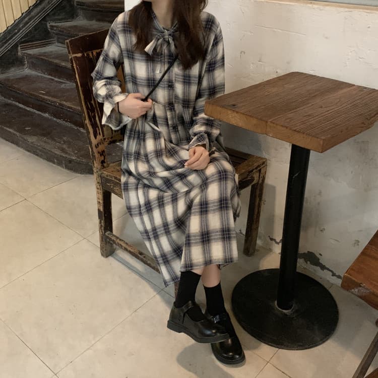 ロングワンピース 蝶結び付きチェック柄シャツワンピース レトロ風