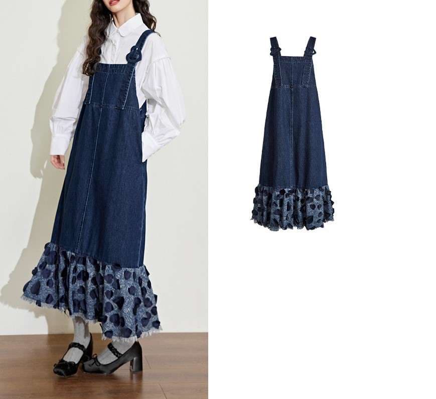 ロングワンピース ハートバックル付きデニムフリルワンピース