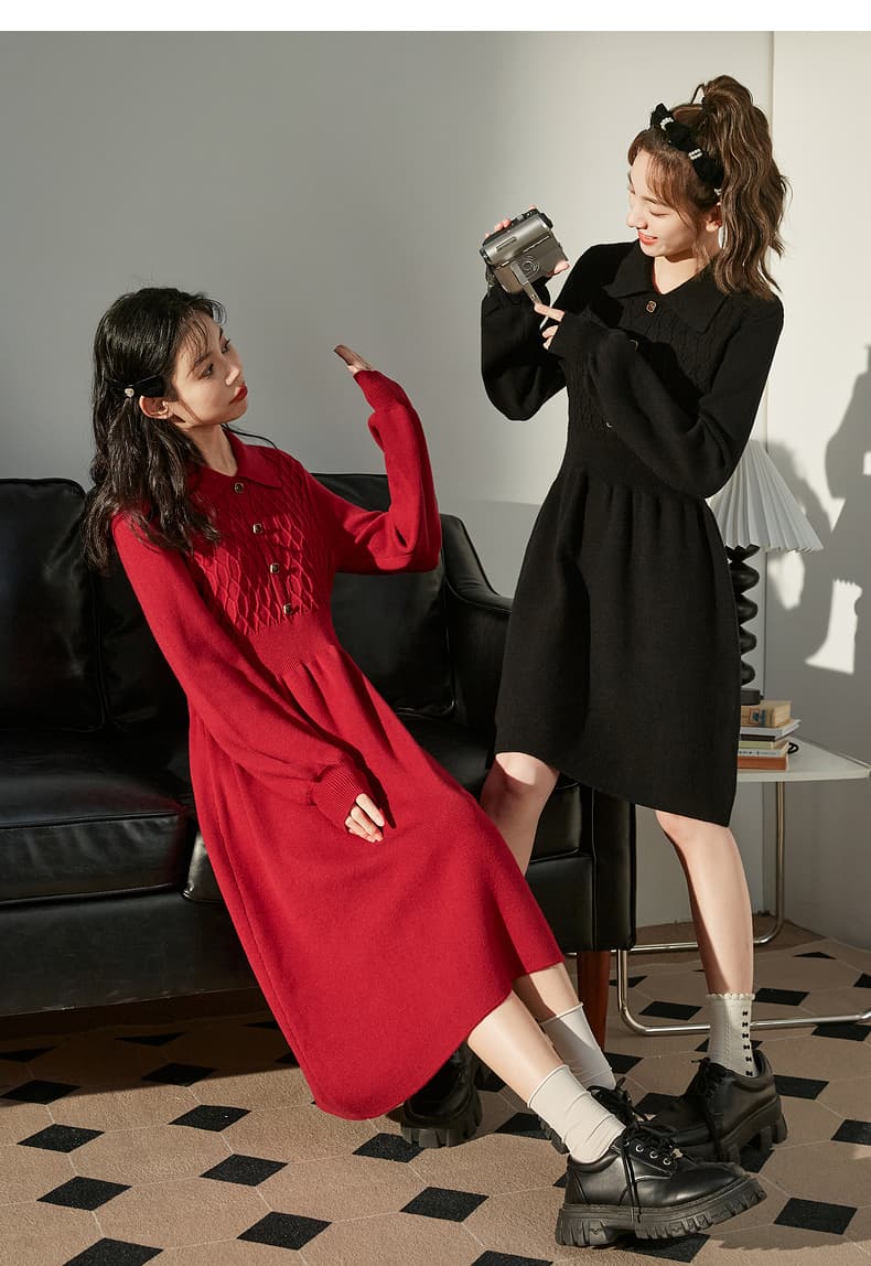 ロングワンピース ニット リブ編み襟付きフレアニットワンピース