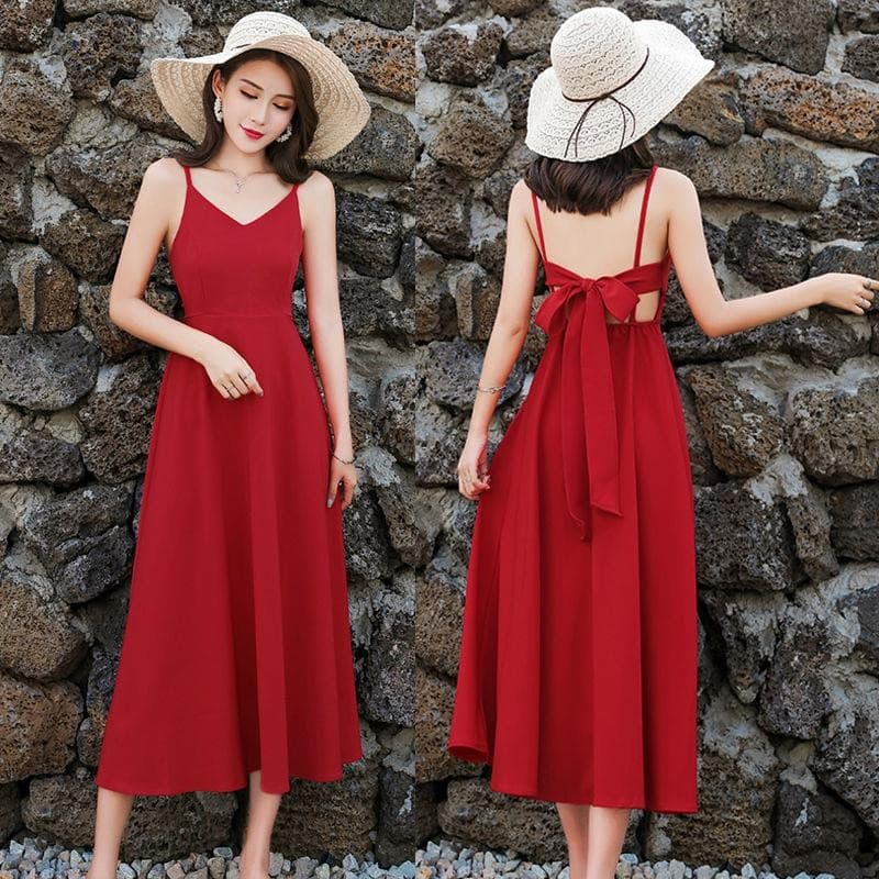 ロングワンピース キャミ 背中リボン華やか細肩紐ロングワンピース