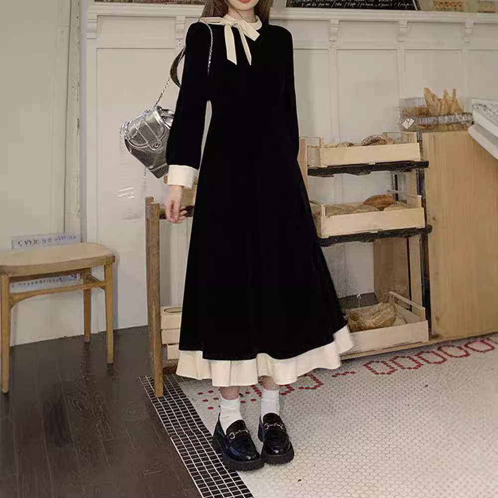 ロングワンピース レトロリボンベルベットミディアムワンピース