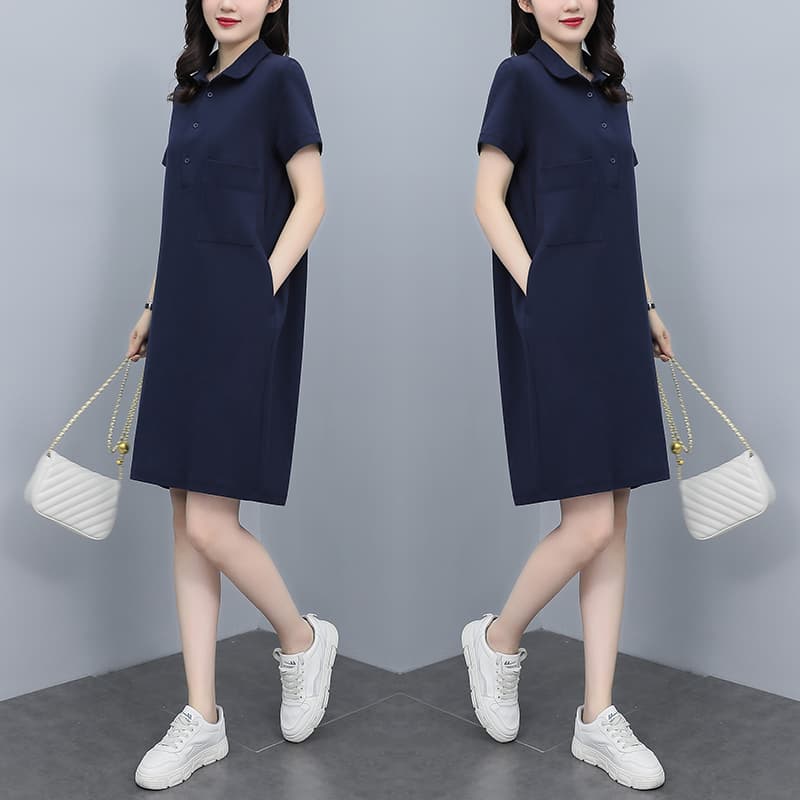 ロングワンピース シャツ 襟付き半袖ゆったりシルエットワンピース