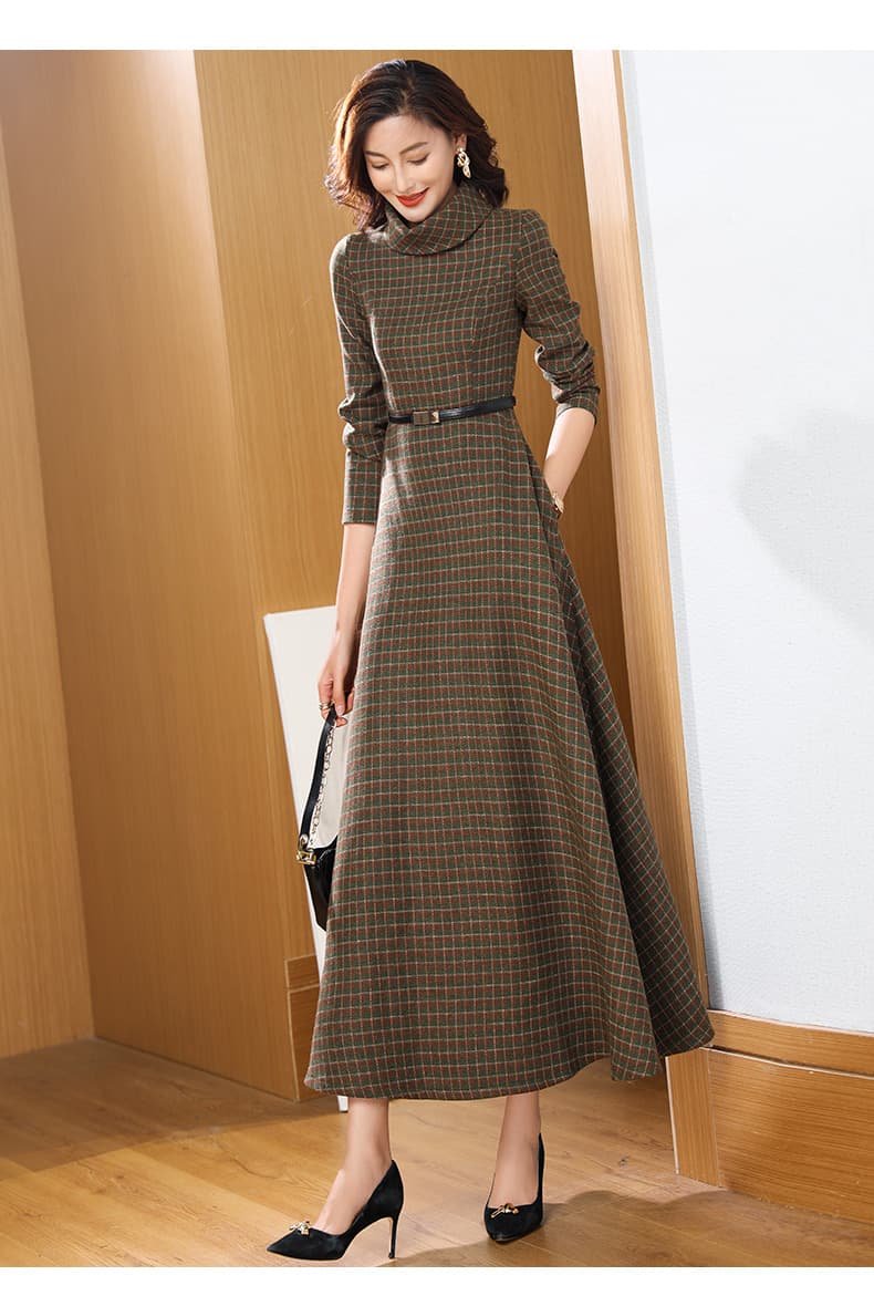 ロングワンピース タートルネック 上品チェック柄タートルネックマキシワンピース
