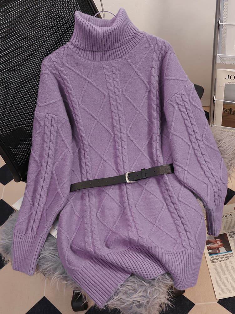 ワンピース ニット ケーブル編みタートルネックワンピース