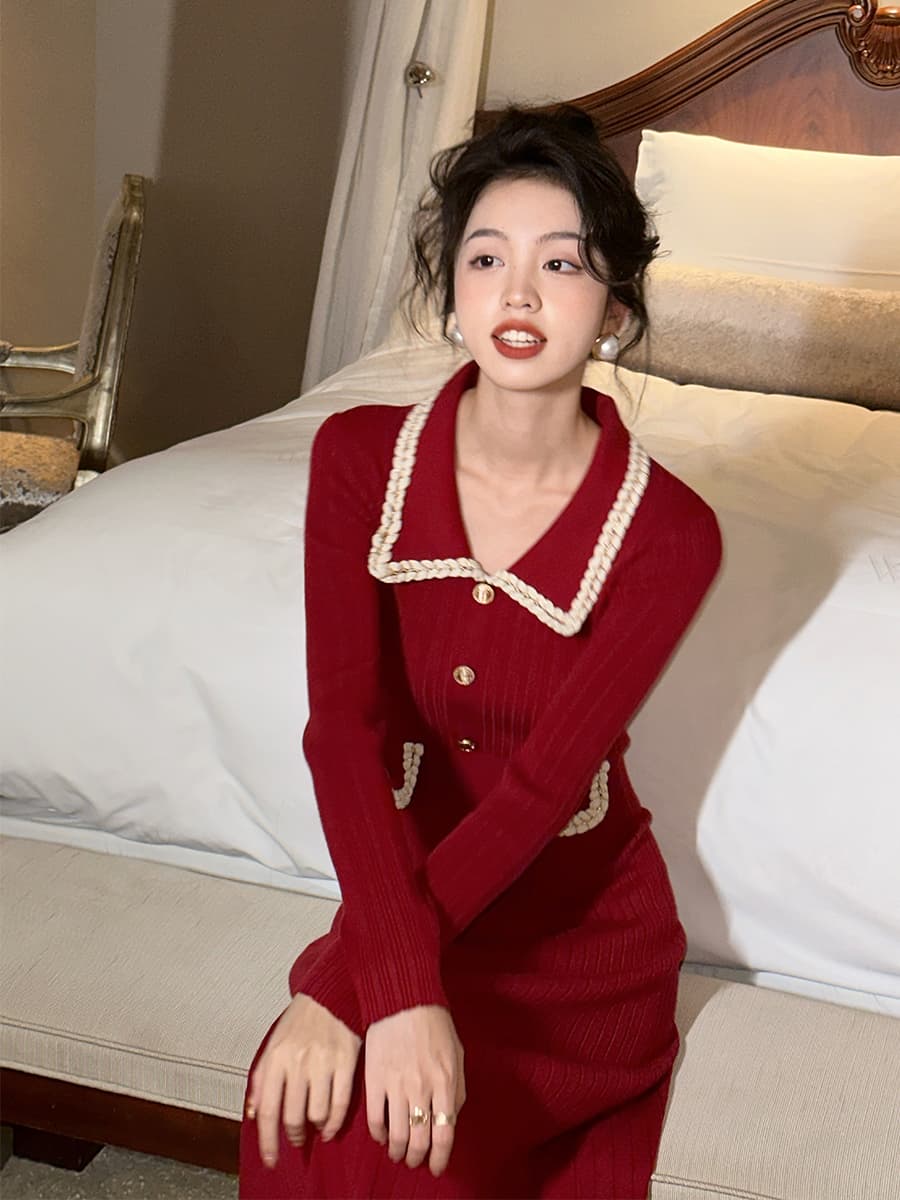 ロングワンピース ニット パール風装飾付きリブ編みロングワンピース