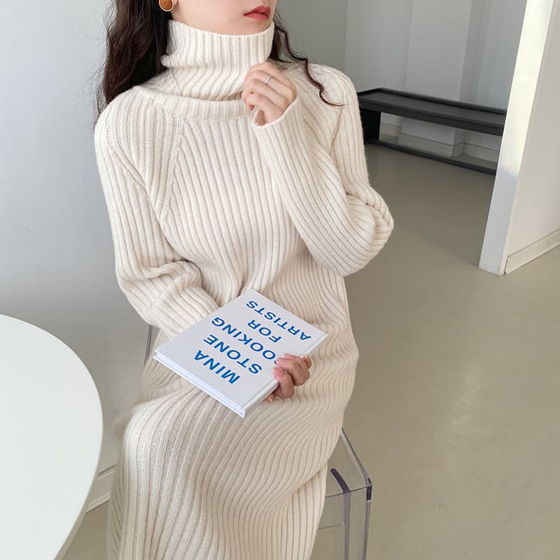 ロングワンピース タートルネック リブ編みニットタートルネックロングワンピース