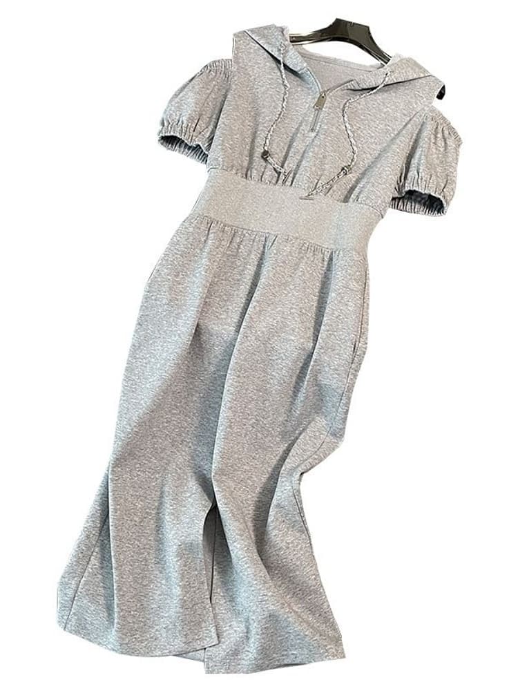 ワンピース スウェット フロントジップ ウエストマーク ミディ丈ワンピース