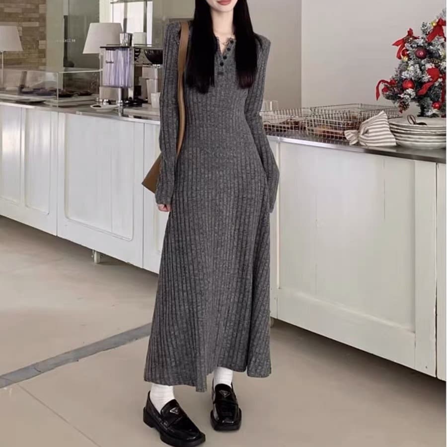 ロングワンピース リブ編みロマンチックワンピース