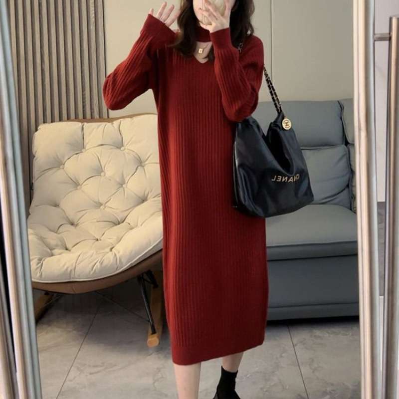 ロングワンピース シンプル美シルエットリブニットワンピース