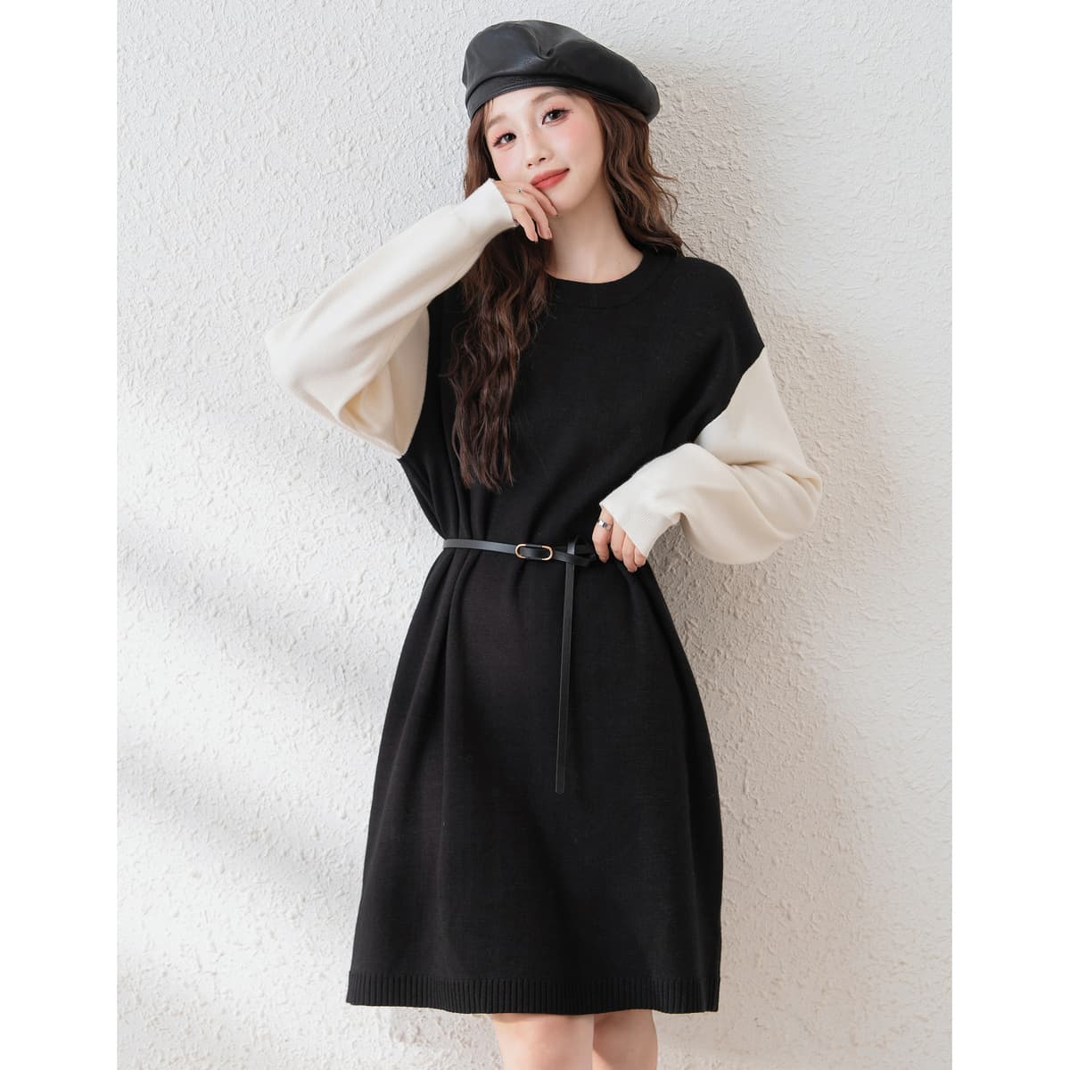 ロングワンピース ニット 配色切替ニットワンピース