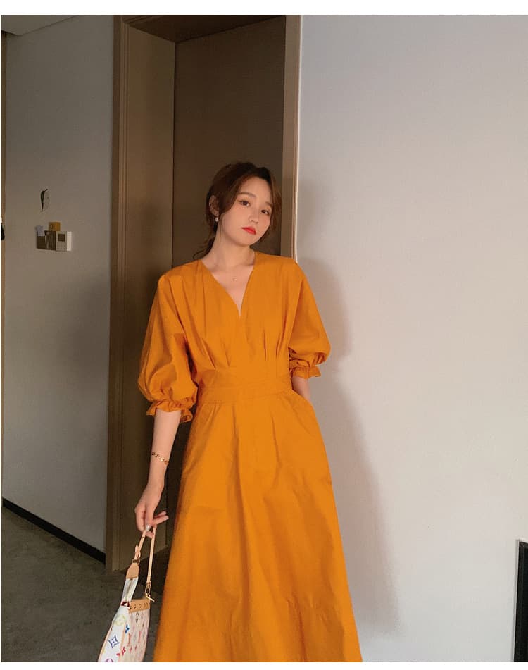 ロングワンピース 人気ボリューム袖ブイネックシャツワンピース レディース新作
