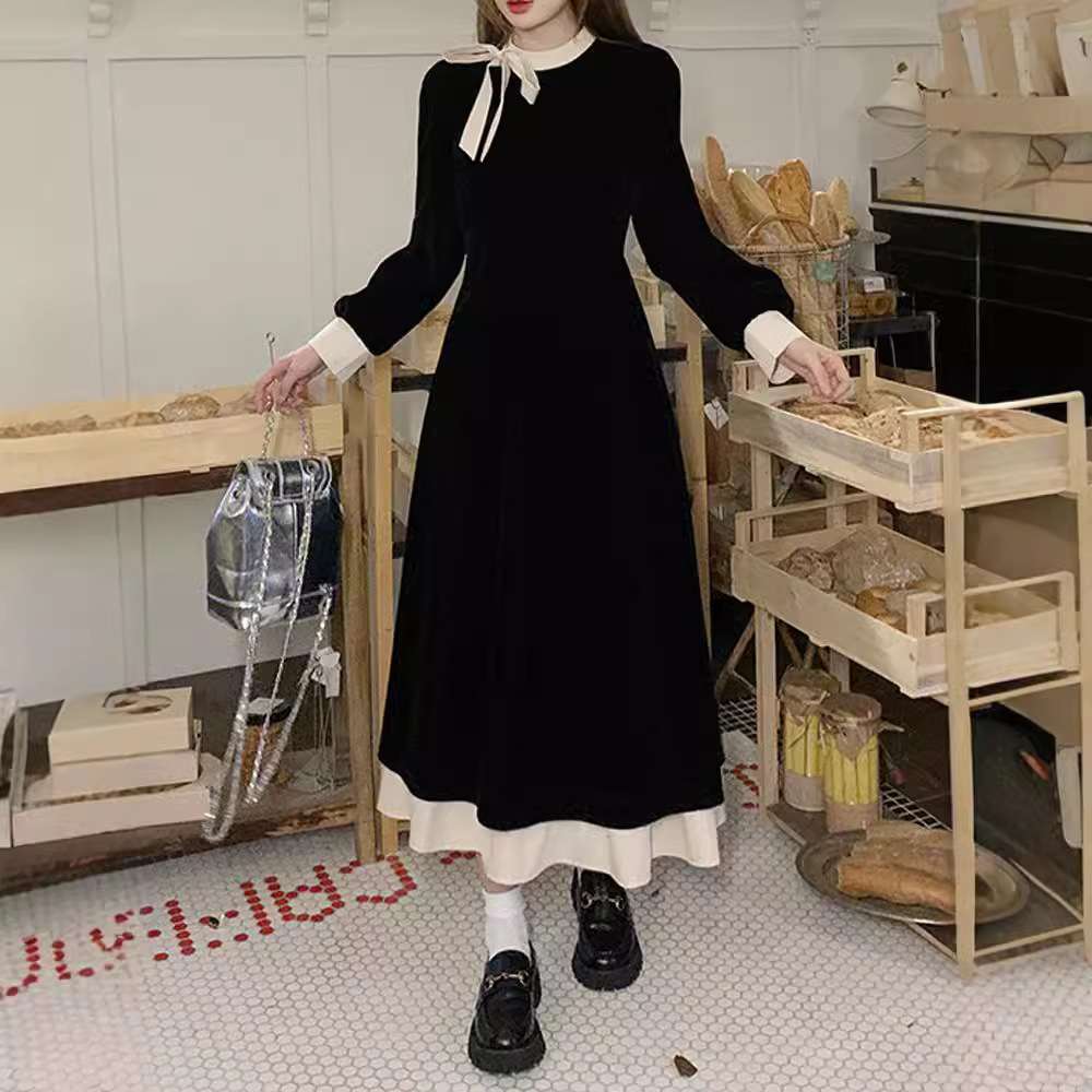 ロングワンピース レトロリボンベルベットミディアムワンピース