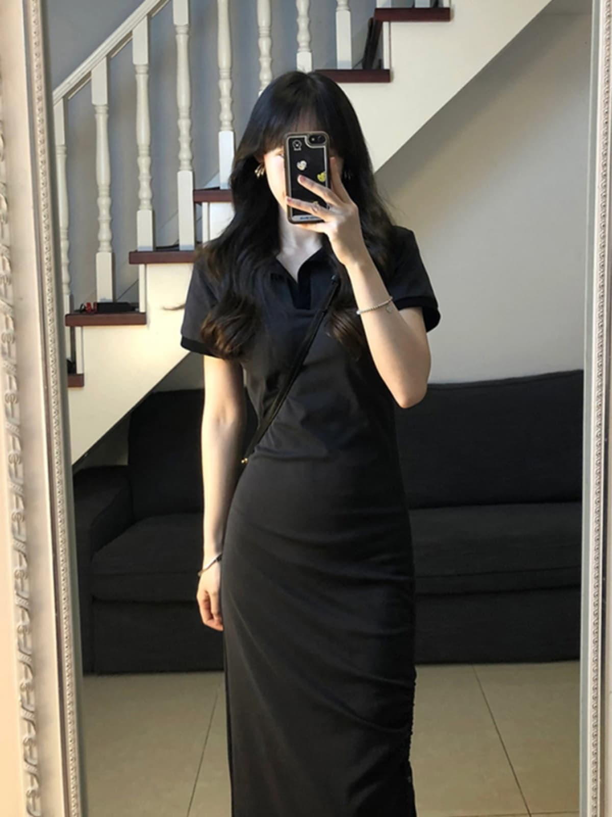 ロングワンピース ポロシャツ 襟付き半袖ロングワンピース スリット入り