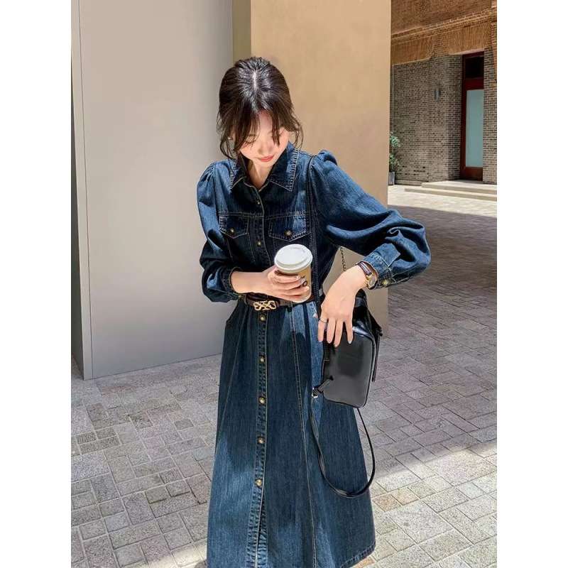 ロングワンピース フレア切替デニムワンピース